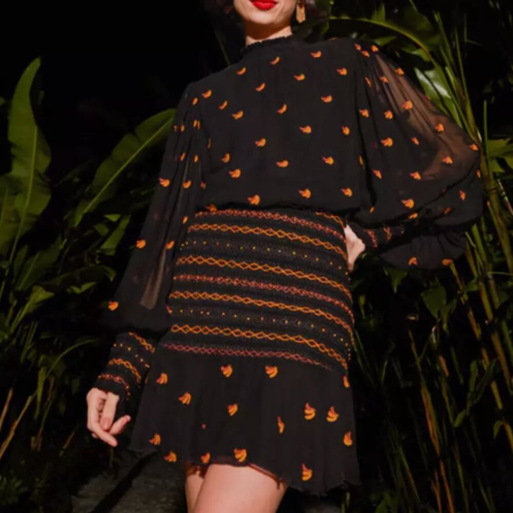 Farm Rio Lurex Bananas Embroidered Beaded Mini Dress M Medium